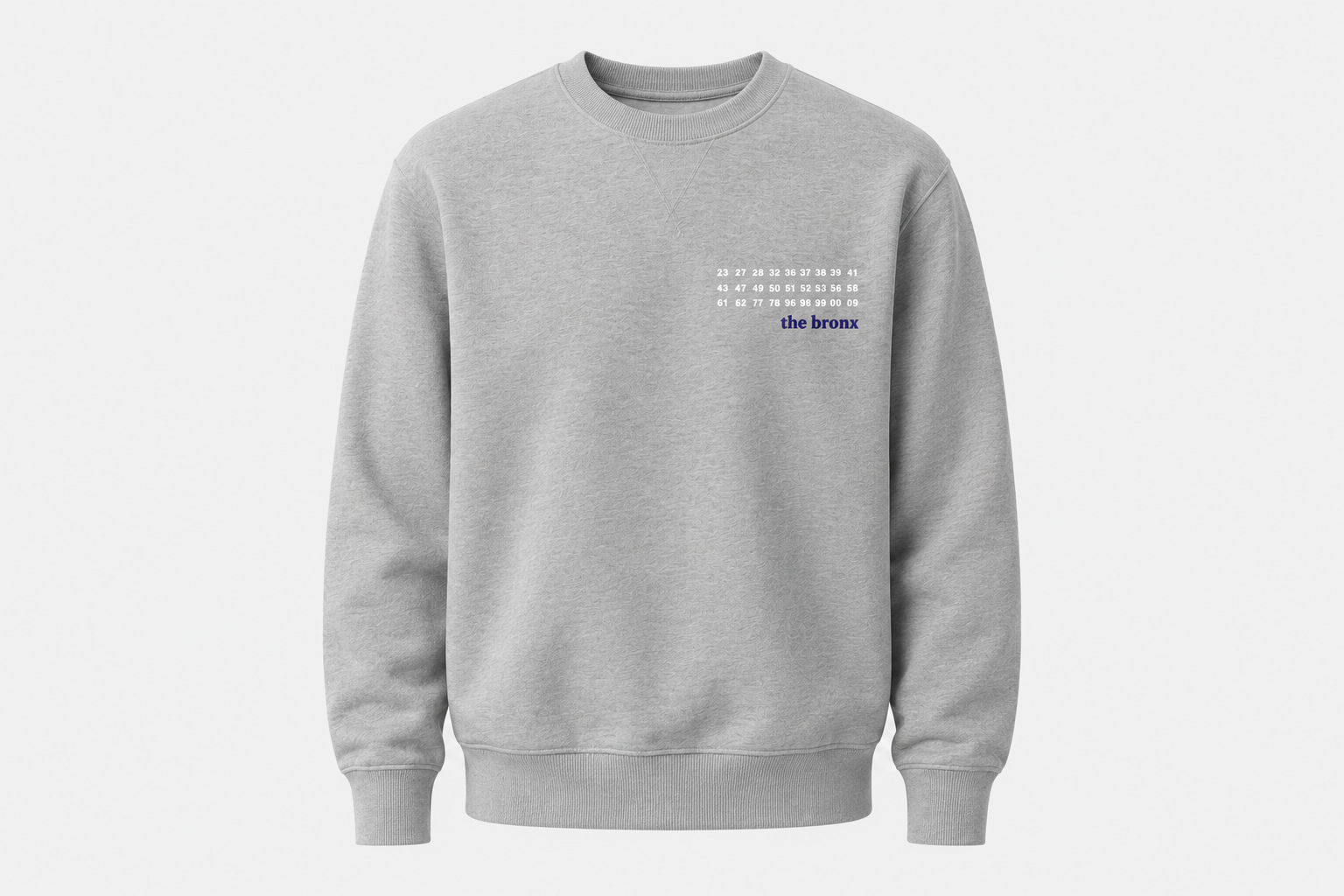 Heather grey crewneck sweatshirt with the bronx print
